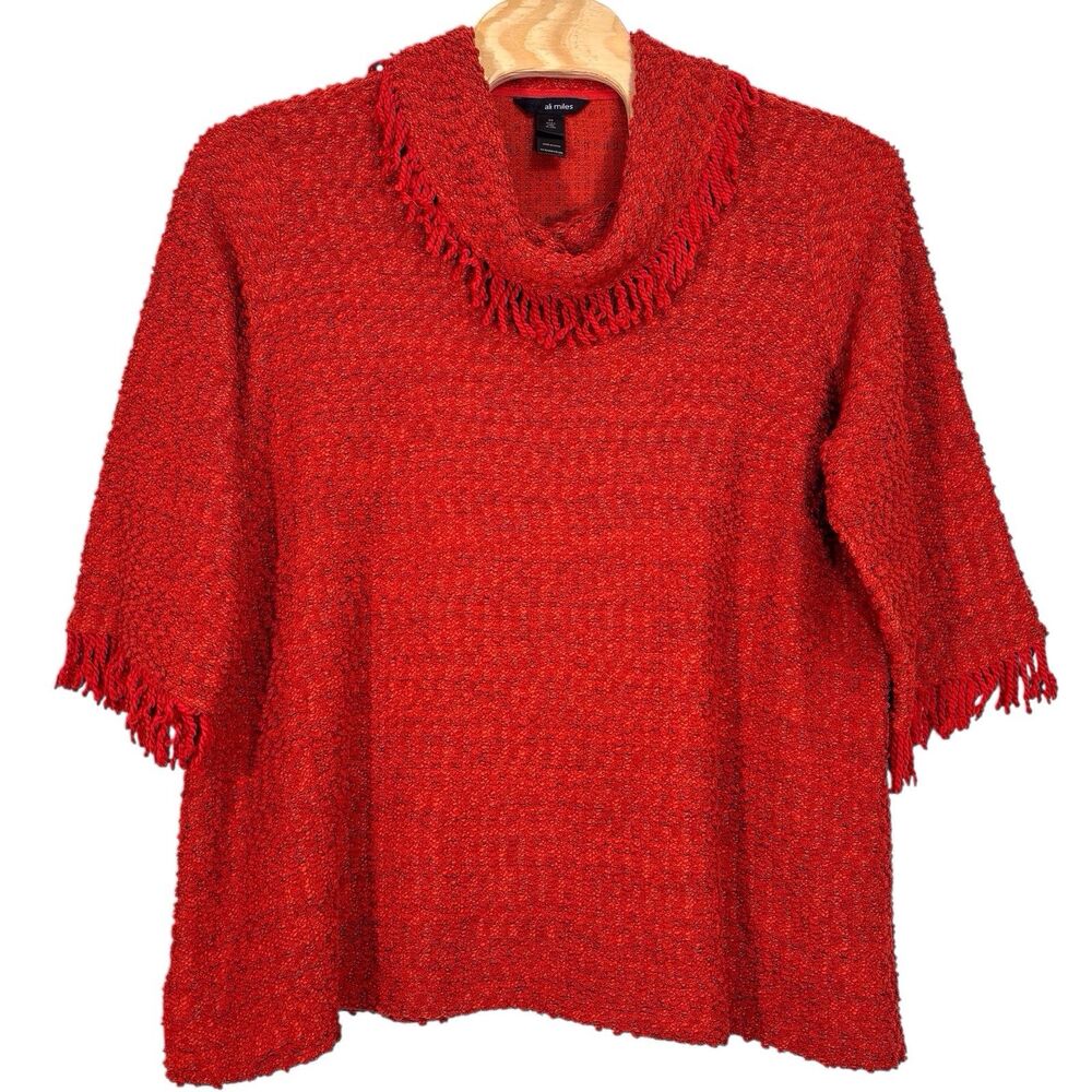 Ali Miles Cowl Neck Textured Tunic Top Womens 3X Orange Red Yarn Fringe Boho